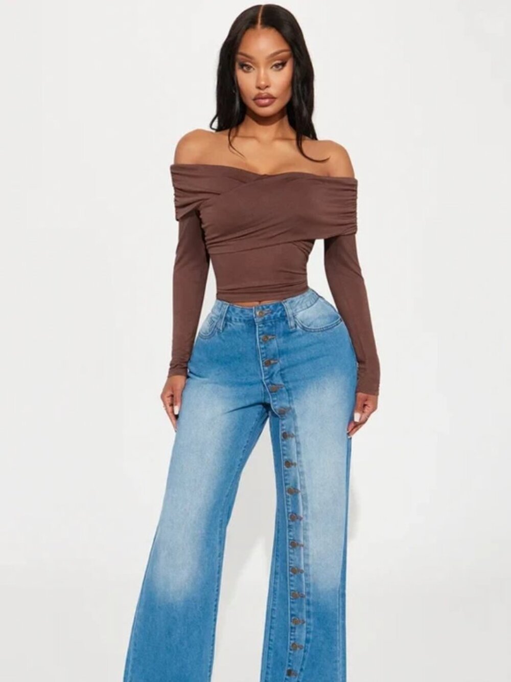 Non-Stretch Button-Up Flared Denim Pants - Medium Wash